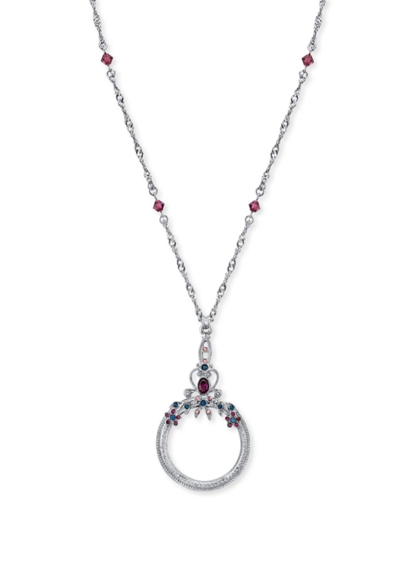 Silver-Tone Blue Purple Crystal Magnifying Glass Necklace 