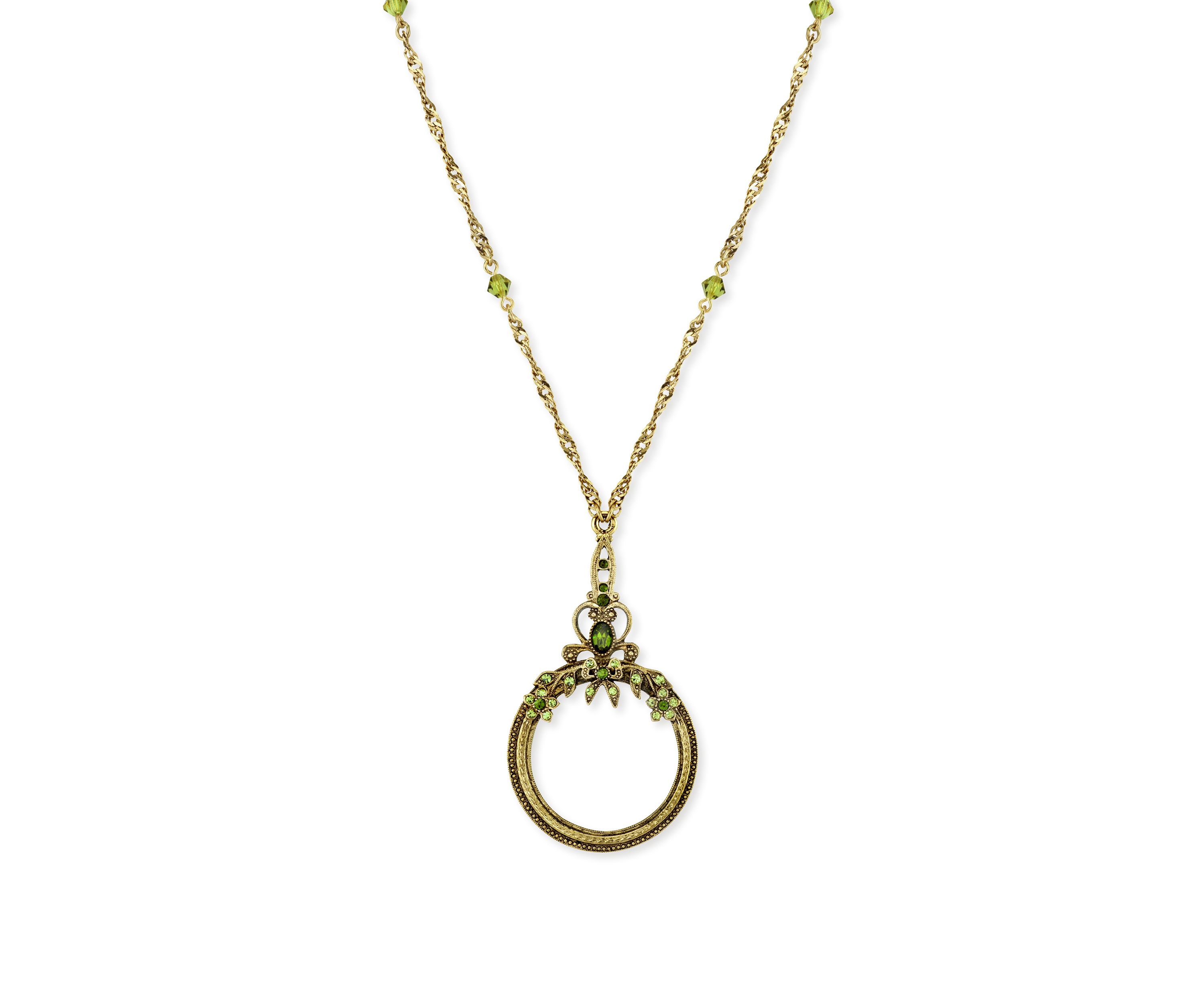 Gold-Tone Green Crystal Magnifying Glass Necklace