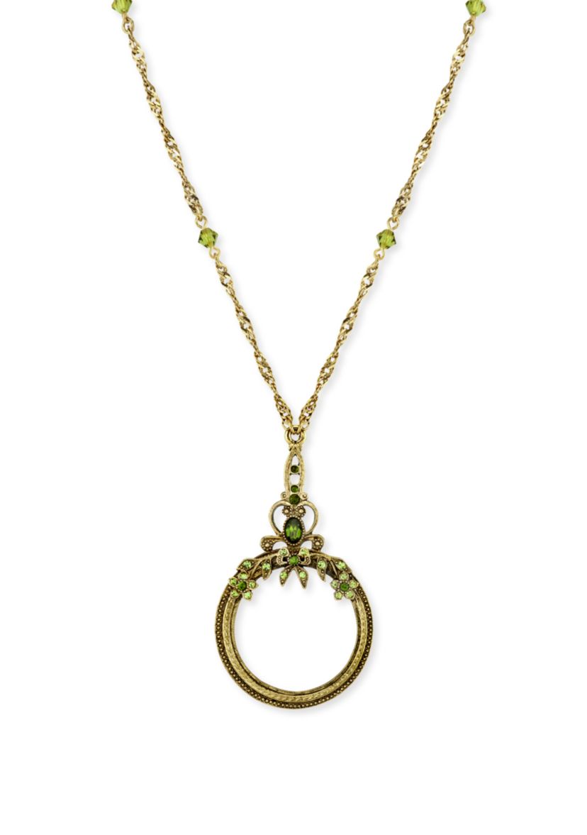 Gold-Tone Green Crystal Magnifying Glass Necklace