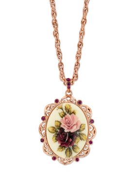 28 Inch Rose Gold Tone Purple Crystal Flower Oval Pendant Necklace