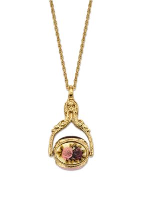 1928 Jewelry 30 Inch Gold Tone Flower Wax Stamp 3 Sided Locket Necklace
