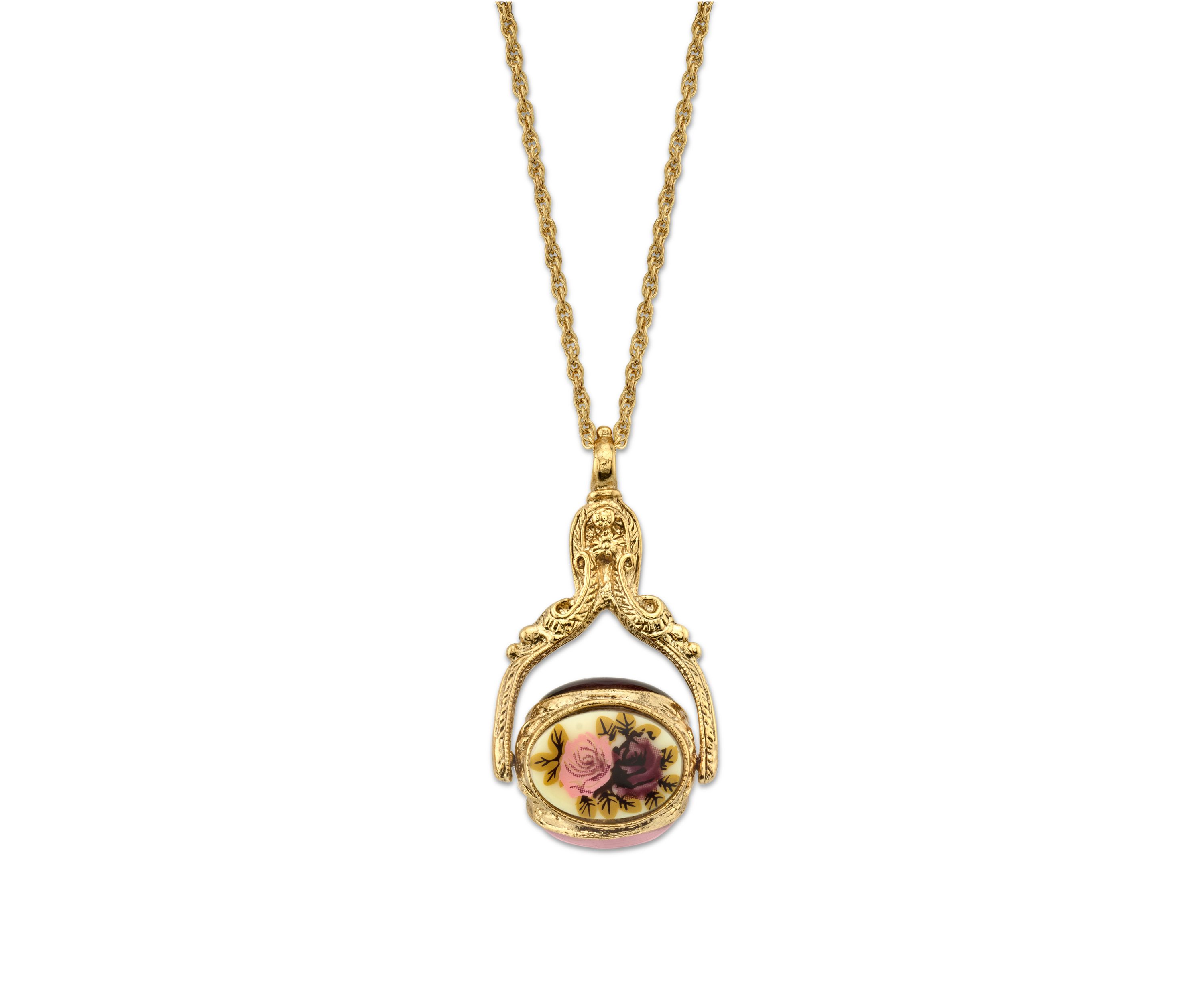 30 Inch Gold Tone Flower Wax Stamp 3 Sided Locket Necklace