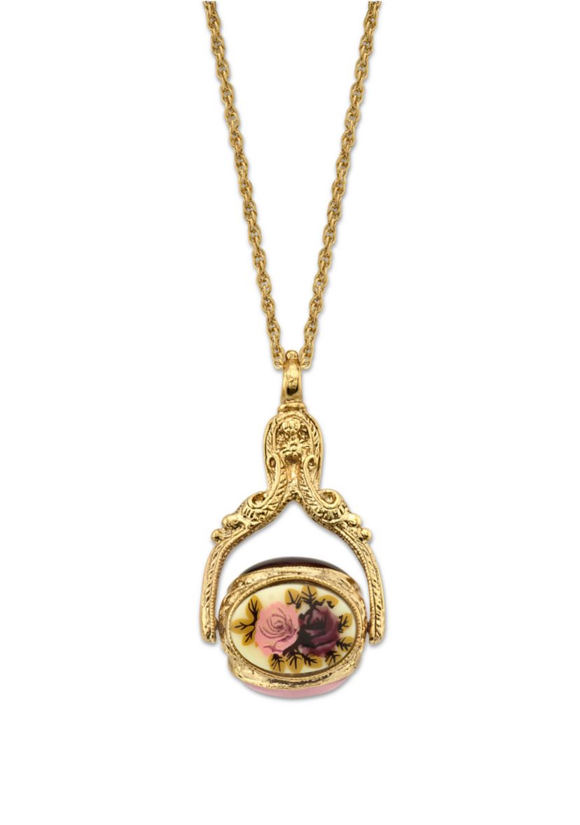 30 Inch Gold Tone Flower Wax Stamp 3 Sided Locket Necklace