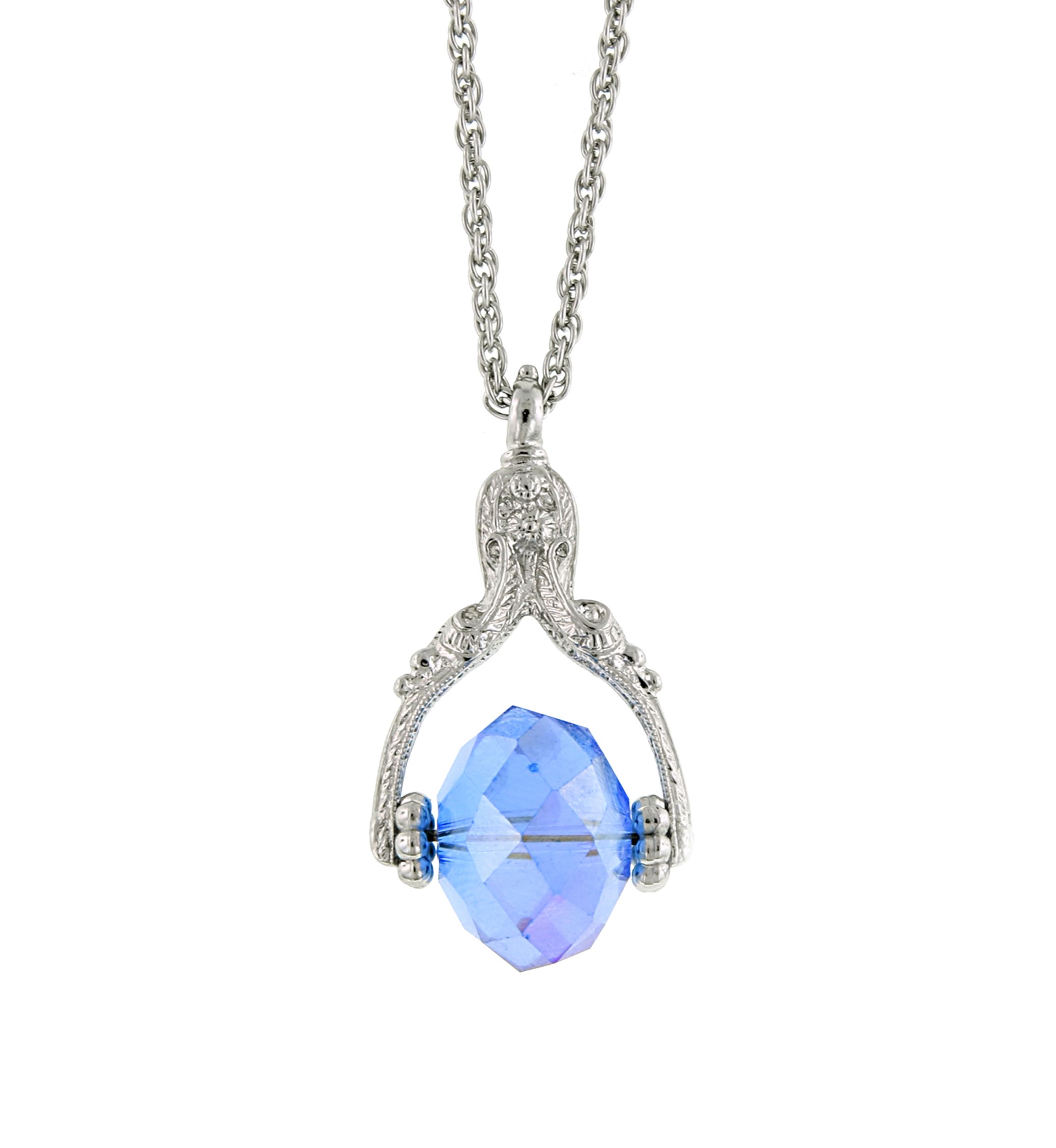 30 Inch Silver Tone Aurora Borealis Light Blue Crystal Spinner Necklace