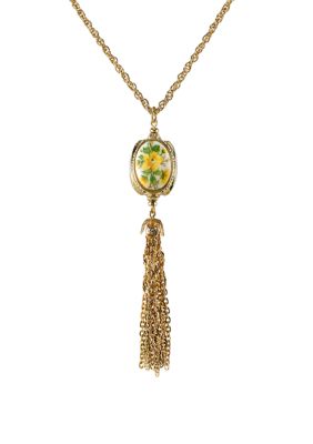 1928 Jewelry 28 Inch Gold Tone 3 Sided Ivory Color Floral Manor House Tassel Necklace
