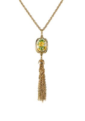 28 Inch Gold Tone 3 Sided Ivory Color Floral Manor House Tassel Necklace