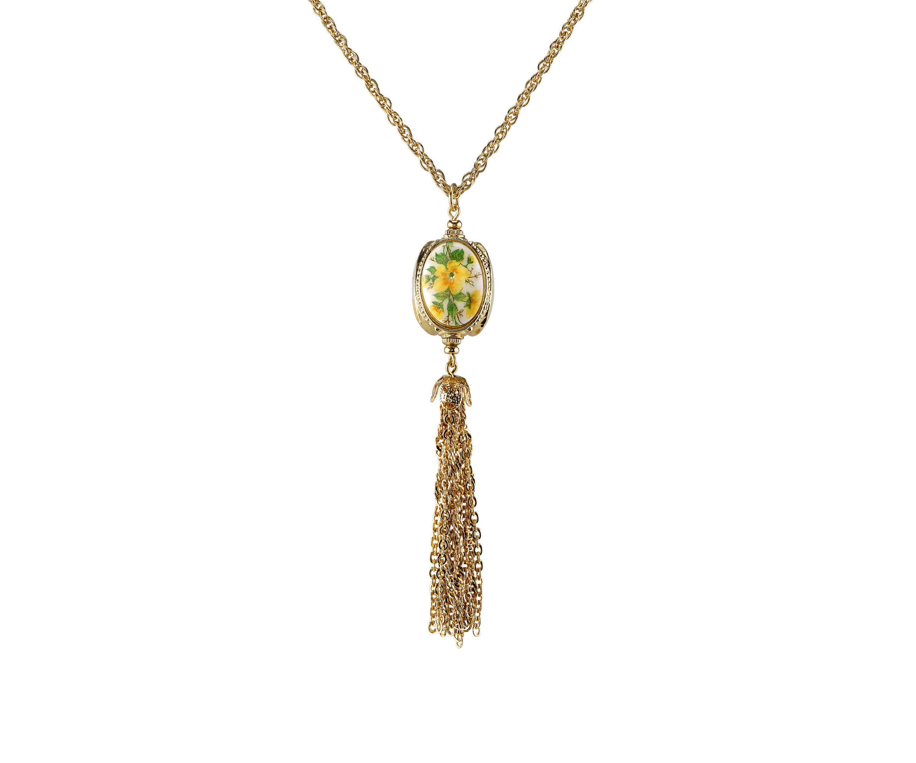 28 Inch Gold Tone 3 Sided Ivory Color Floral Manor House Tassel Necklace
