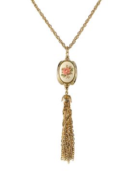 28 Inch Gold Tone 3 Sided Ivory Color Floral Manor House Tassel Necklace