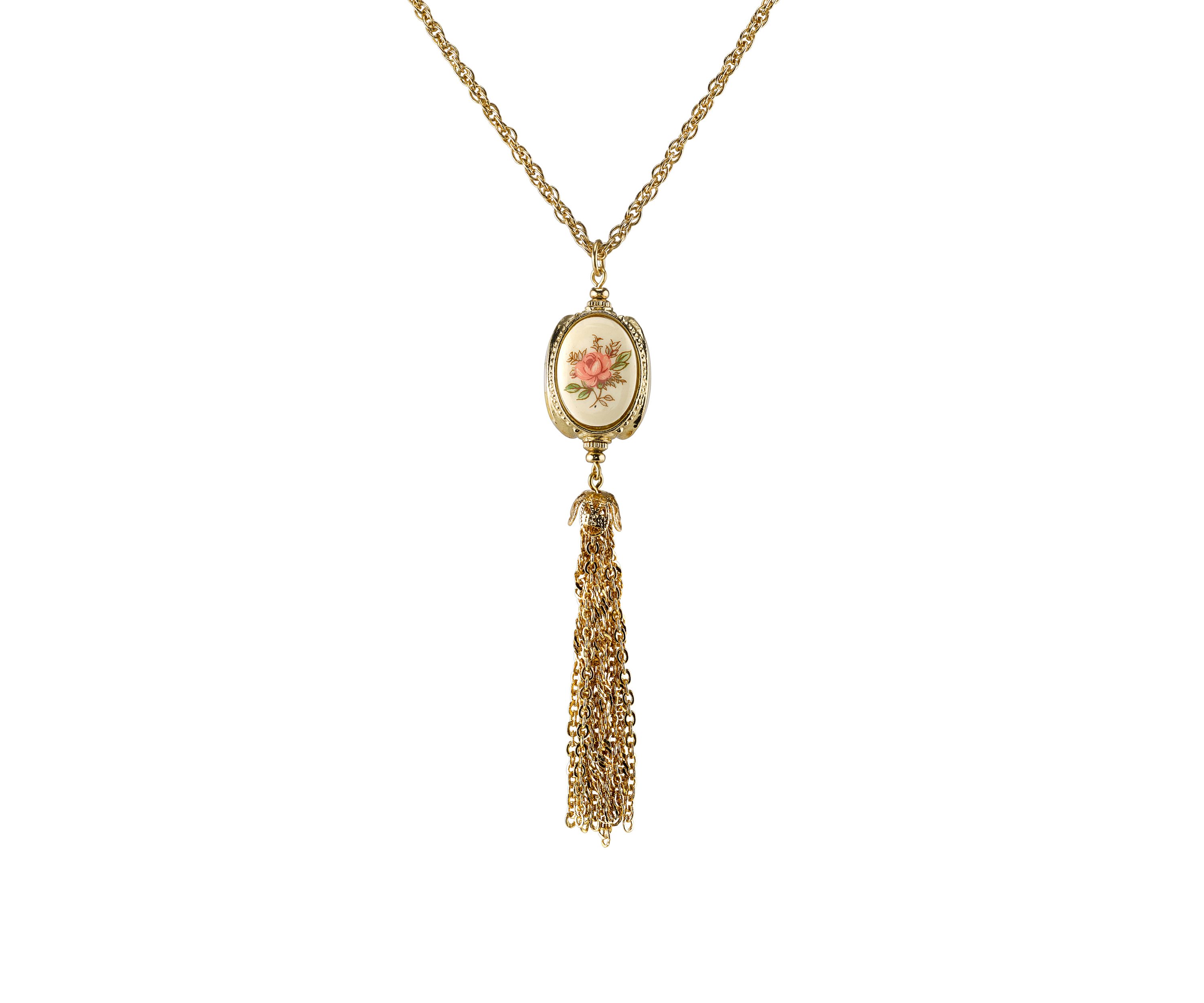 28 Inch Gold Tone 3 Sided Ivory Color Floral Manor House Tassel Necklace