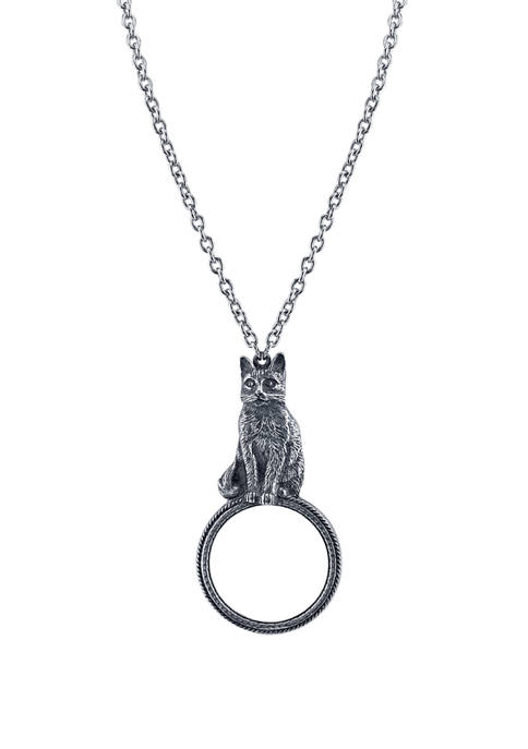 1928 Jewelry Pewter Cat Magnifying Glass Pendant Necklace