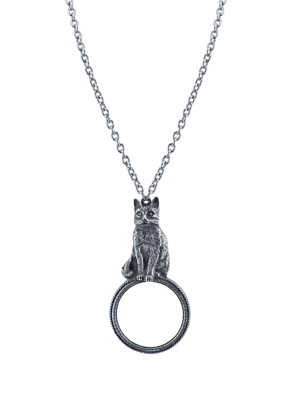 Pewter Cat Magnifying Glass Pendant Necklace