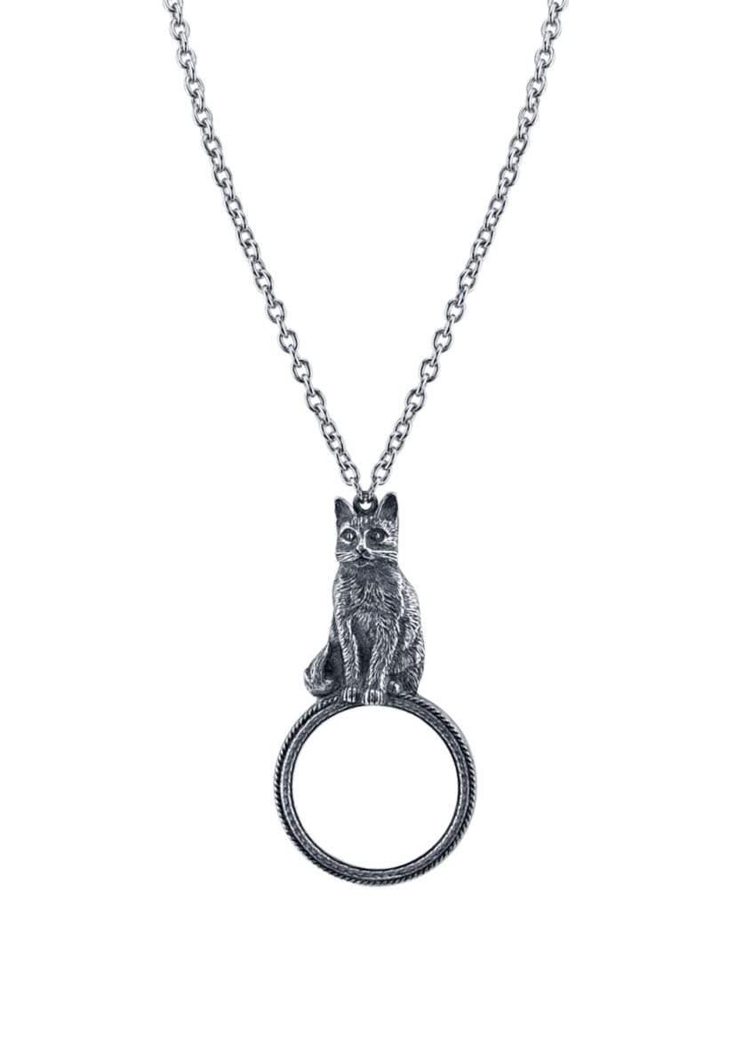 Pewter Cat Magnifying Glass Pendant Necklace