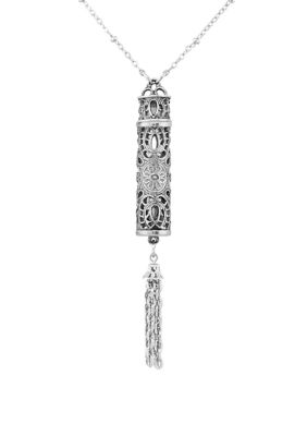 28 Inch Pewter Filigree Vial with Tassel Necklace