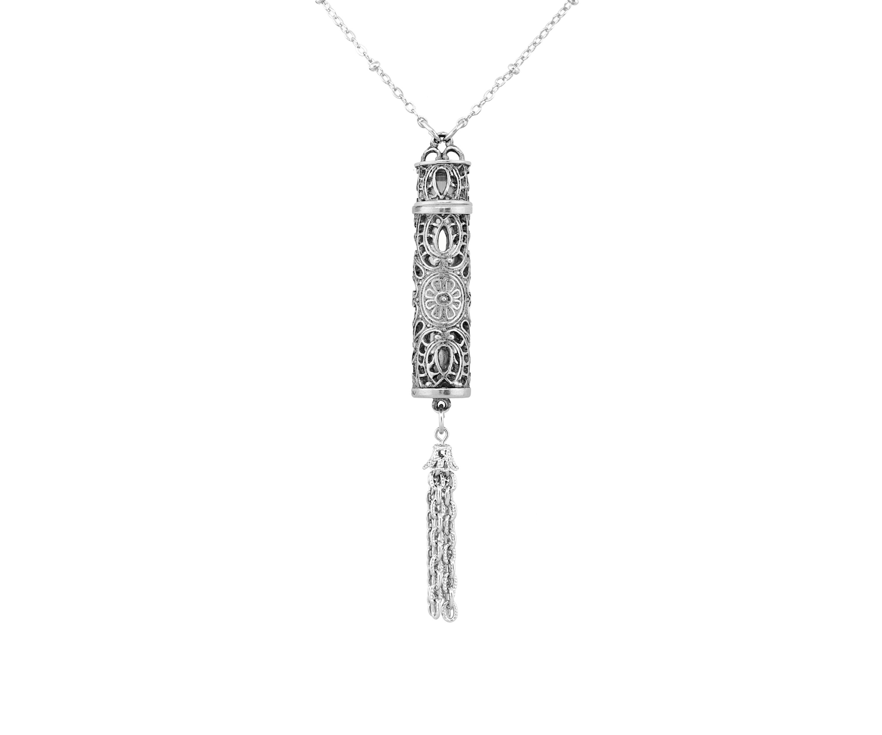 28 Inch Pewter Filigree Vial with Tassel Necklace
