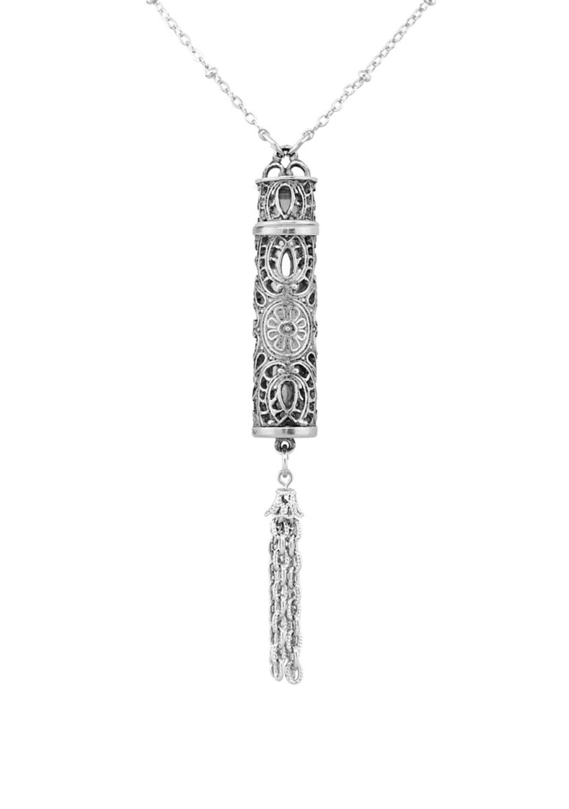 28 Inch Pewter Filigree Vial with Tassel Necklace