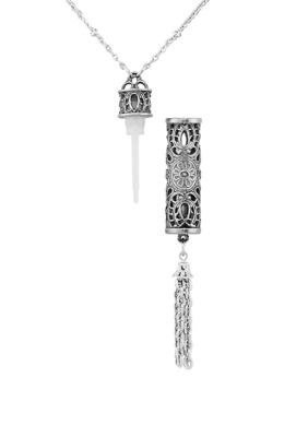 28 Inch Pewter Filigree Vial with Tassel Necklace