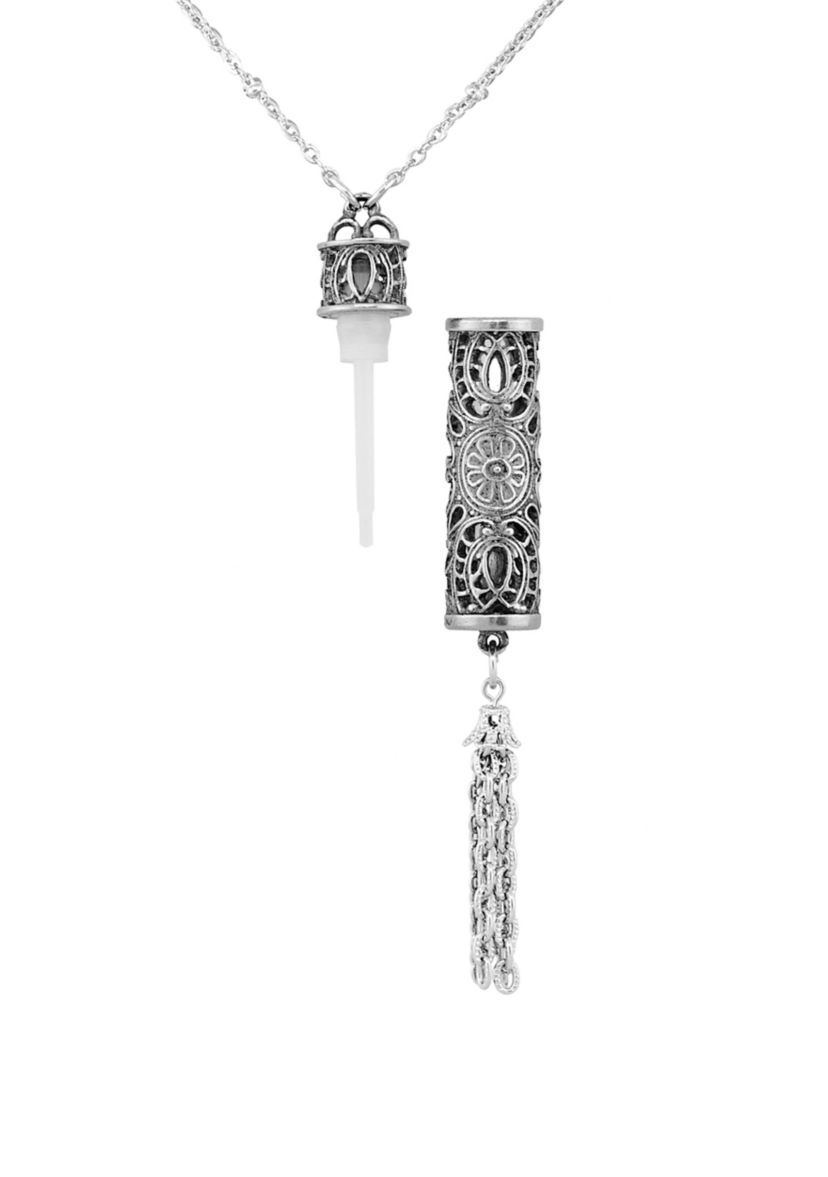 28 Inch Pewter Filigree Vial with Tassel Necklace