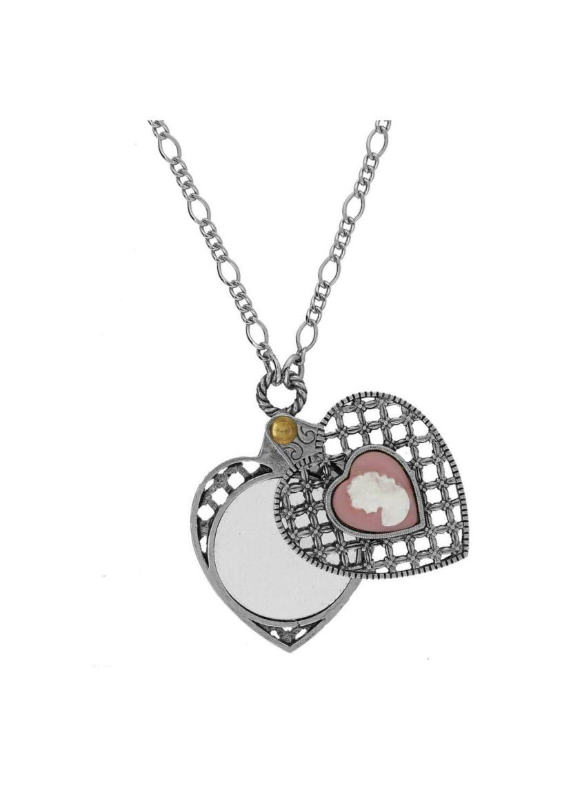 Pewter Heart with Pink Cameo Mirror Necklace 30in