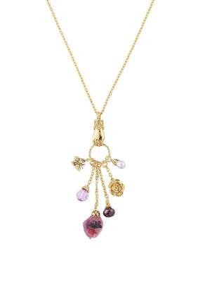 30 Inch Gold Tone Amethyst Color Multi Charm Hand Necklace