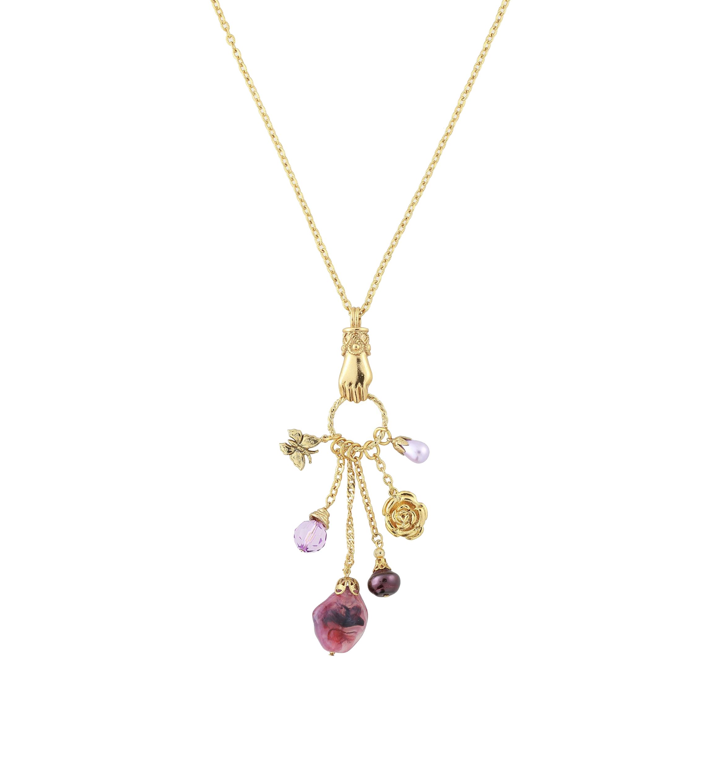 30 Inch Gold Tone Amethyst Color Multi Charm Hand Necklace