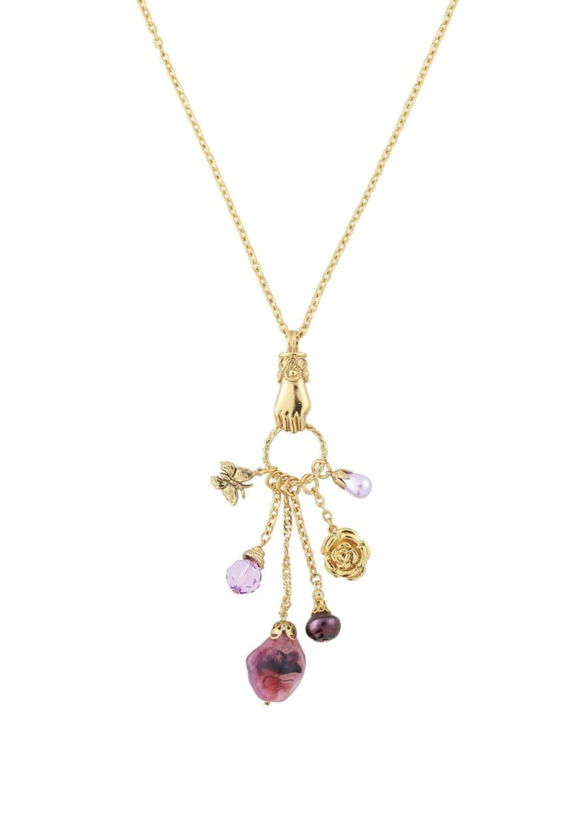 30 Inch Gold Tone Amethyst Color Multi Charm Hand Necklace