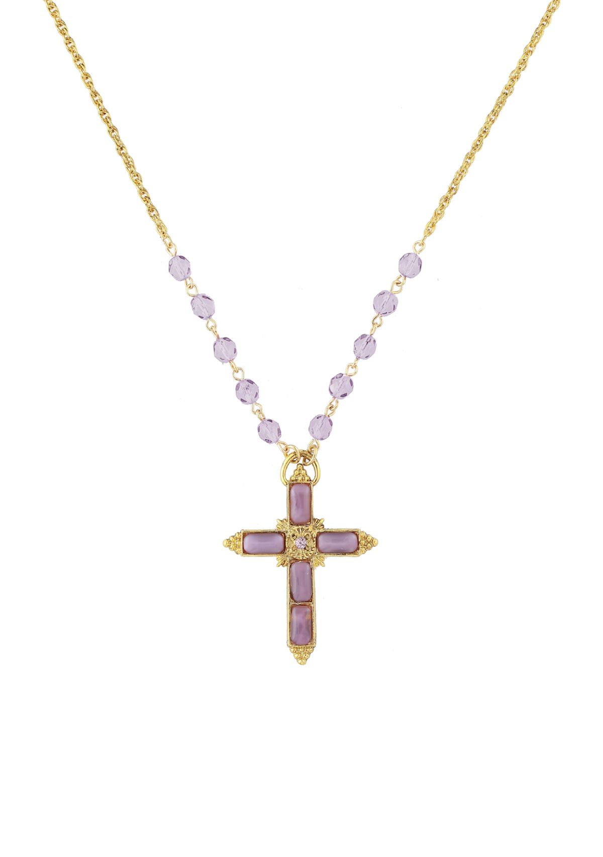 28 Inch Adjustable Gold Tone Light Amethyst Color Beaded Cross Necklace