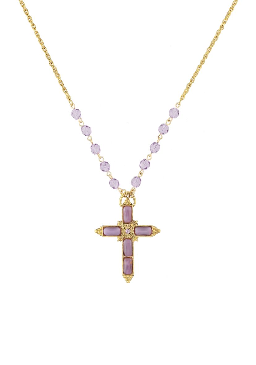 28 Inch Adjustable Gold Tone Light Amethyst Color Beaded Cross Necklace