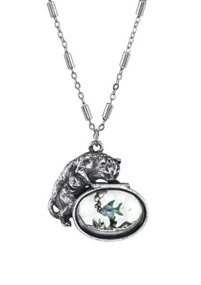 Pewter Cat with Blue Enamel Fish in Glass Fishbowl Necklace