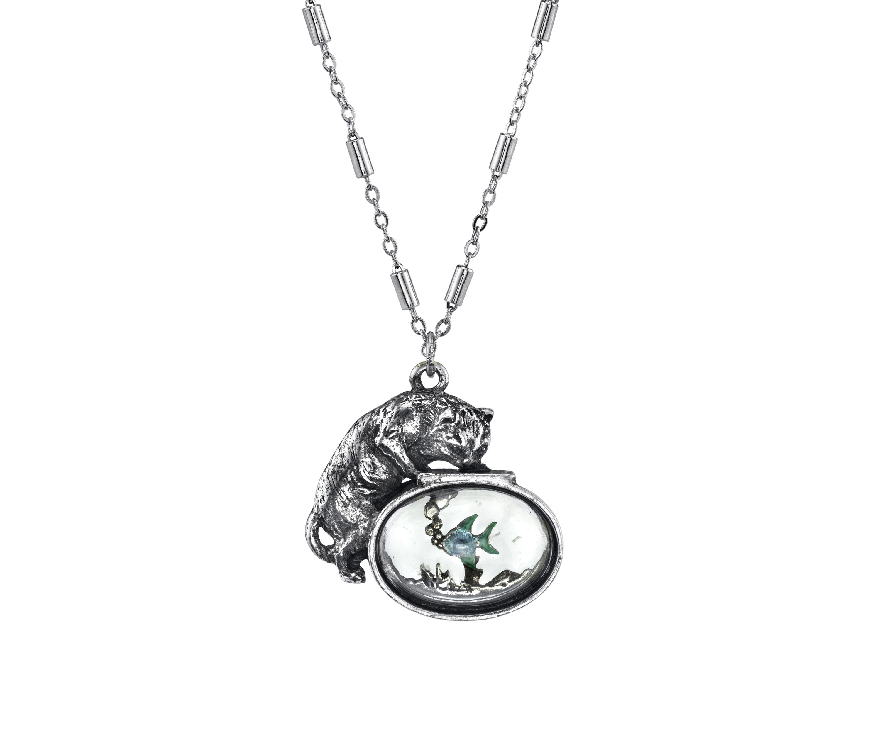 Pewter Cat with Blue Enamel Fish in Glass Fishbowl Necklace