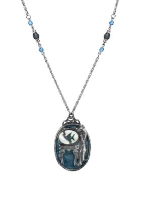 Pewter Cat with Blue Enamel Fishbowl Beaded Necklace