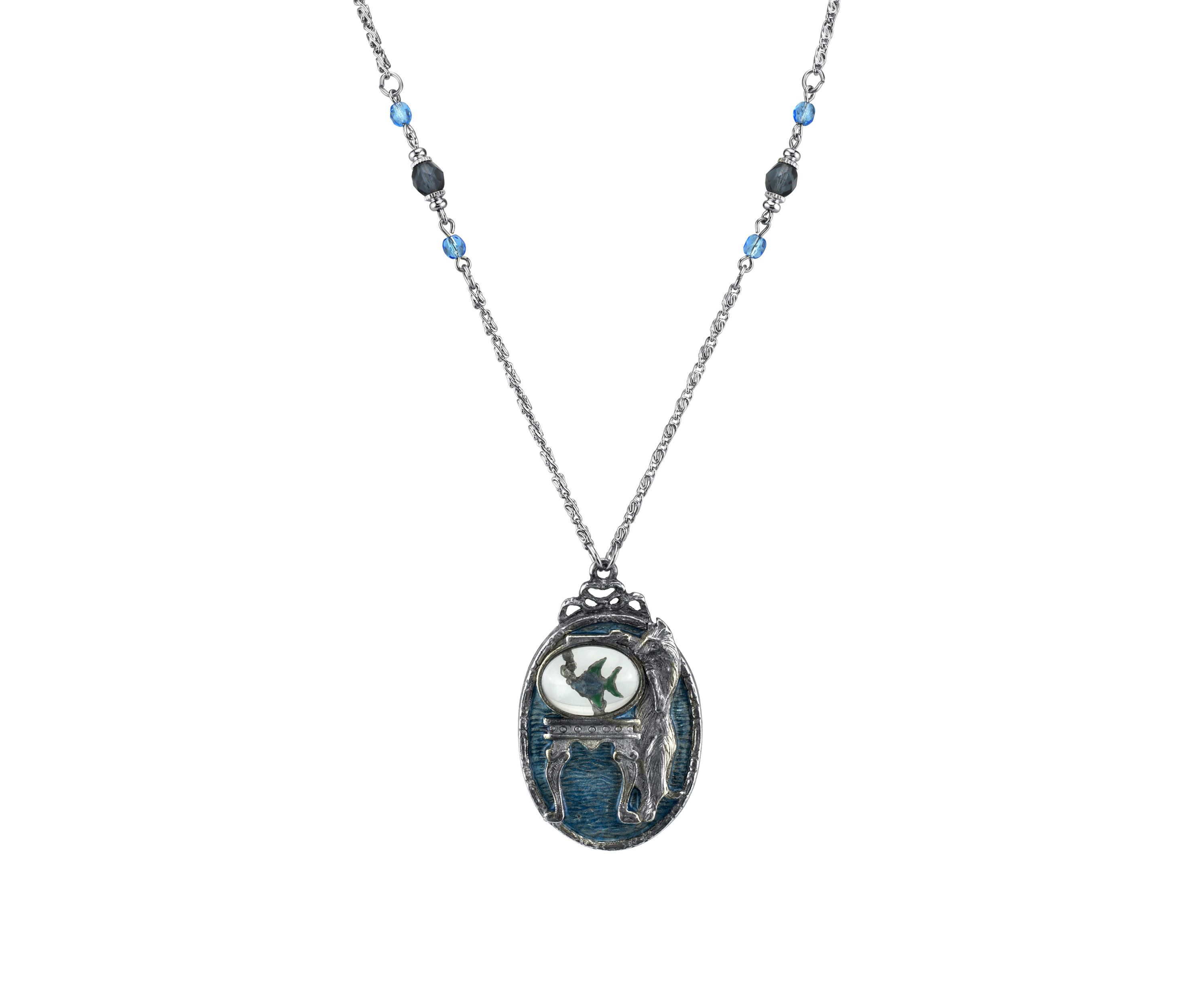Pewter Cat with Blue Enamel Fishbowl Beaded Necklace