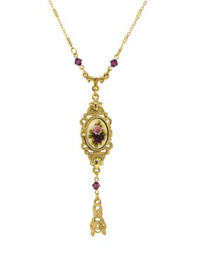 24 Inch Adjustable Gold Tone Pink and Purple Floral Drop Pendant Necklace