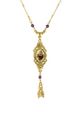 1928 Jewelry 24 Inch Adjustable Gold Tone Pink and Purple Floral Drop Pendant Necklace