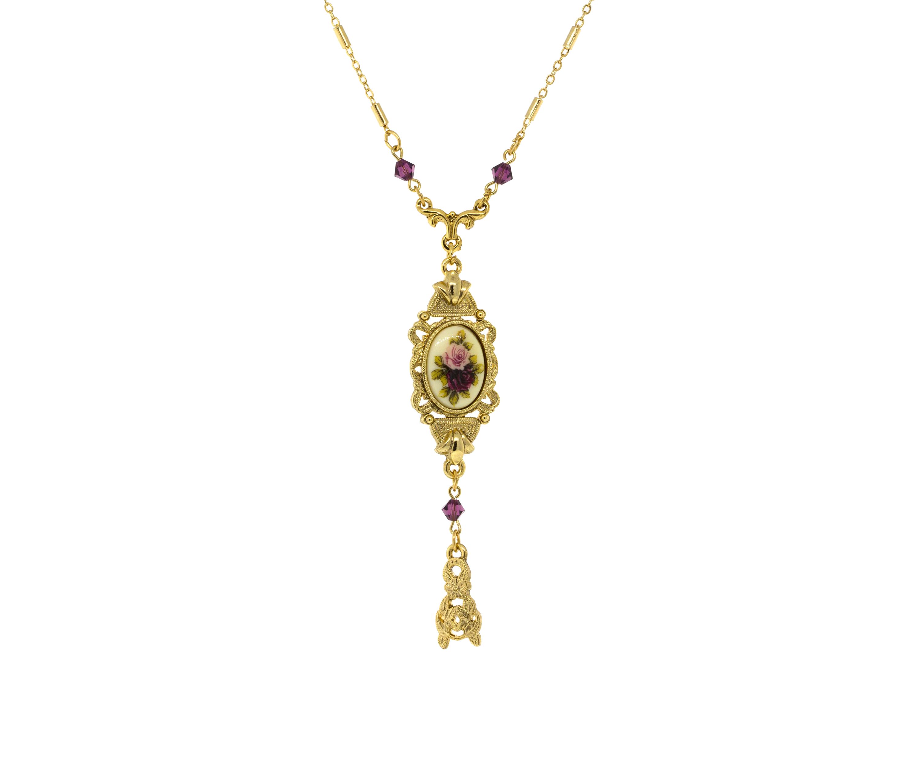 24 Inch Adjustable Gold Tone Pink and Purple Floral Drop Pendant Necklace