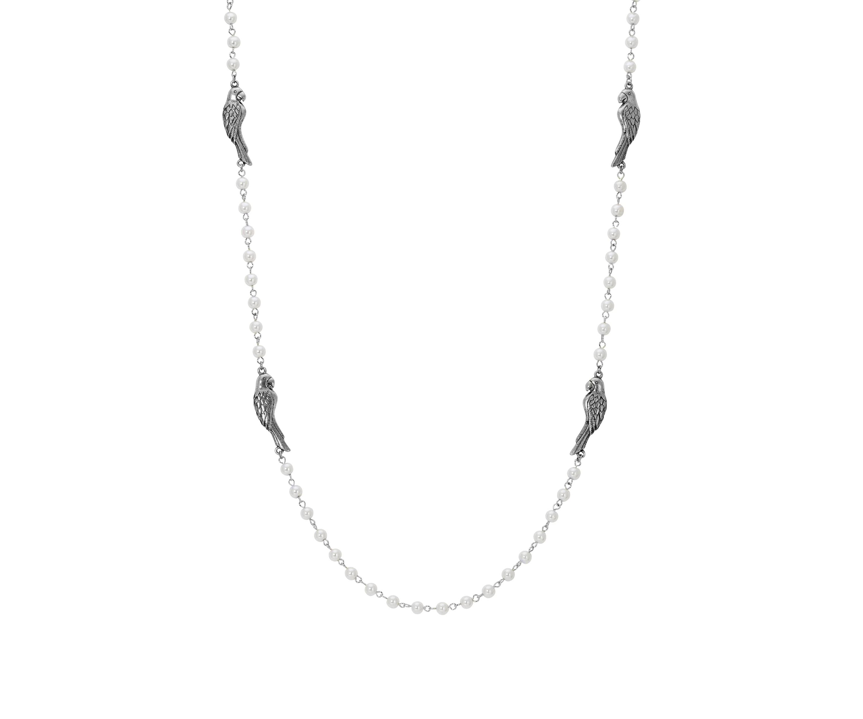 Pewter Parrot Pearl Chain Necklace 36"