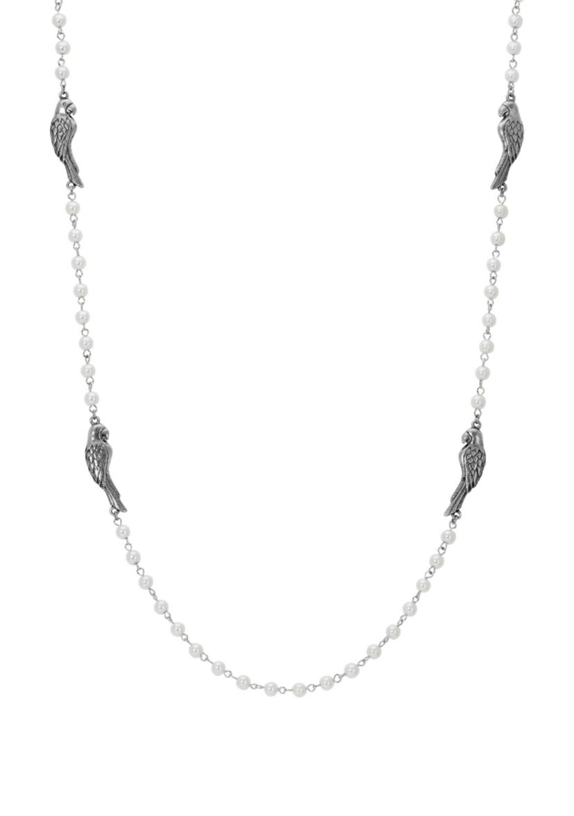 Pewter Parrot Pearl Chain Necklace 36"