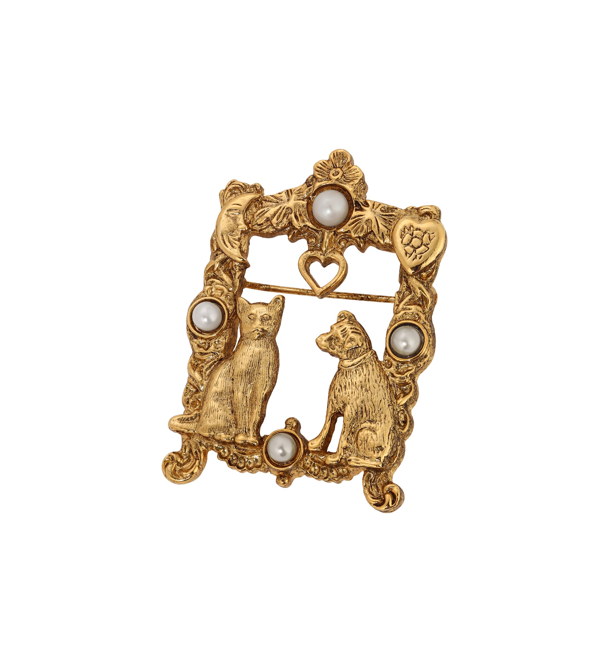 Gold-tone Faux Pearl Rectangle Cat Pin