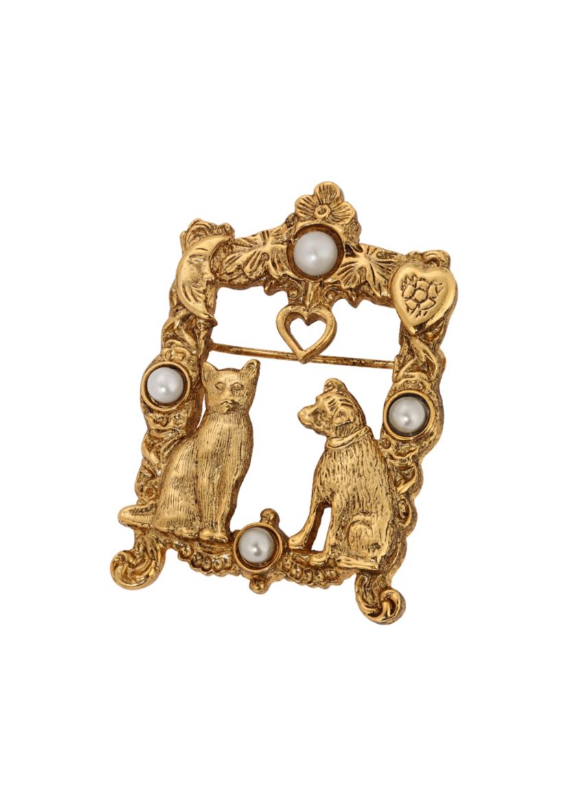 Gold-tone Faux Pearl Rectangle Cat Pin