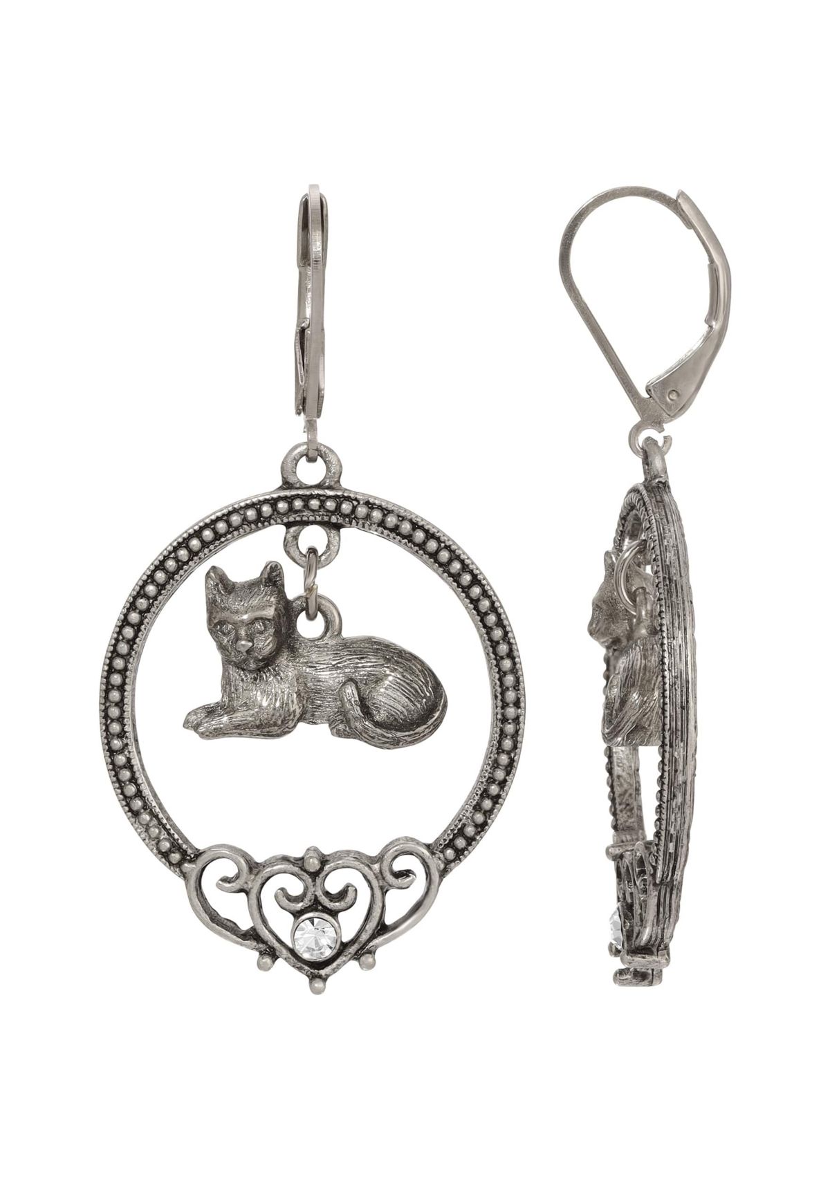 Pewter Crystal Cat Hoop Earrings