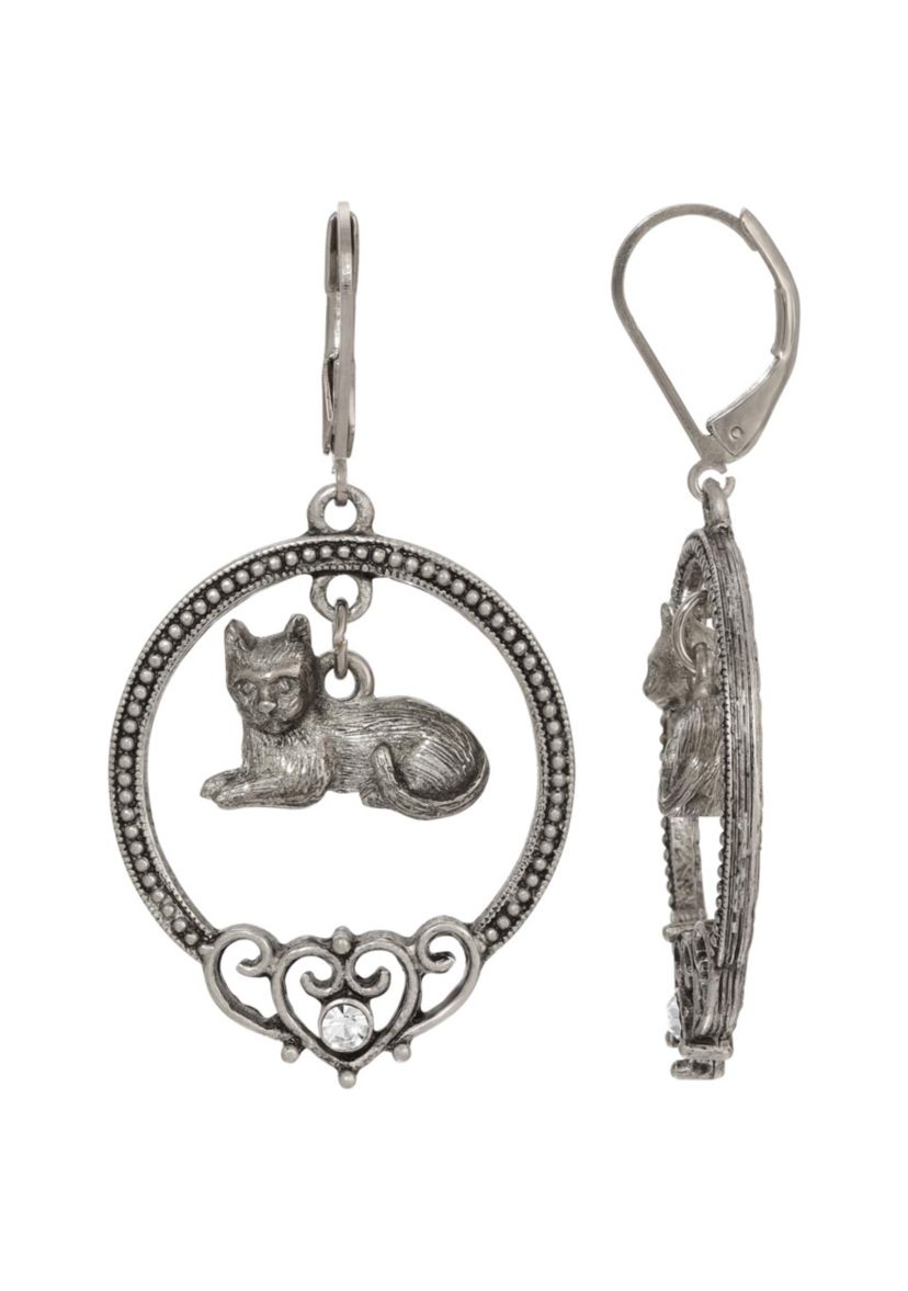 Pewter Crystal Cat Hoop Earrings