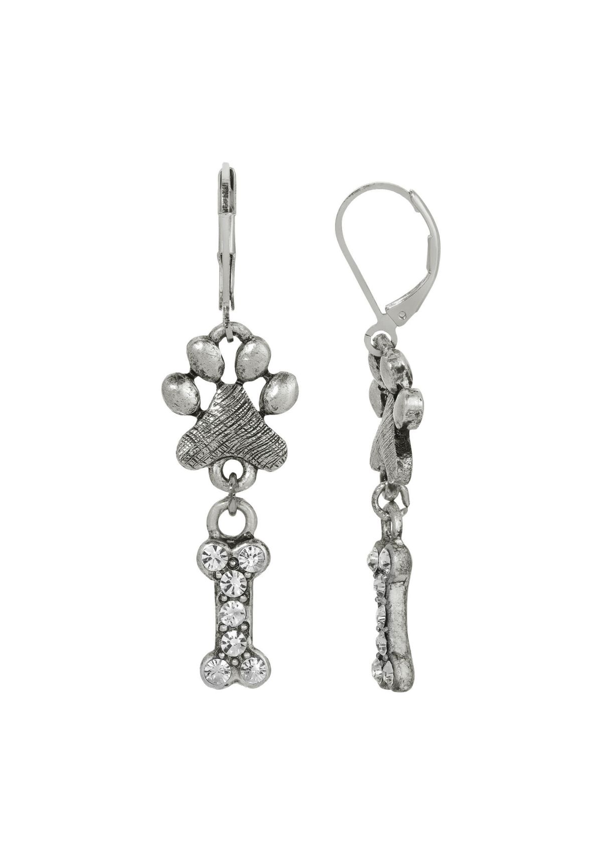 Crystal Paw & Bone Leverback Earrings