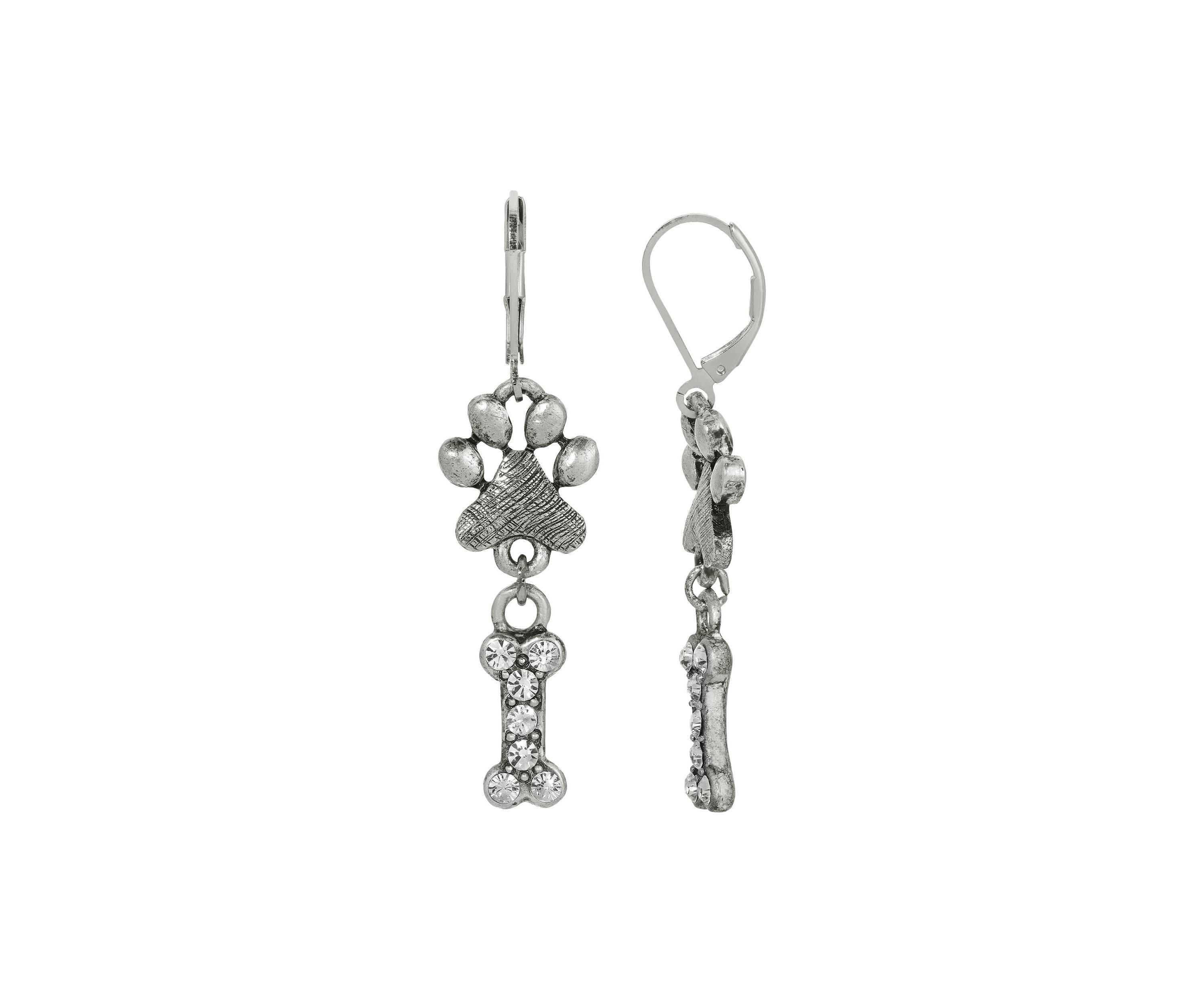 Crystal Paw & Bone Leverback Earrings