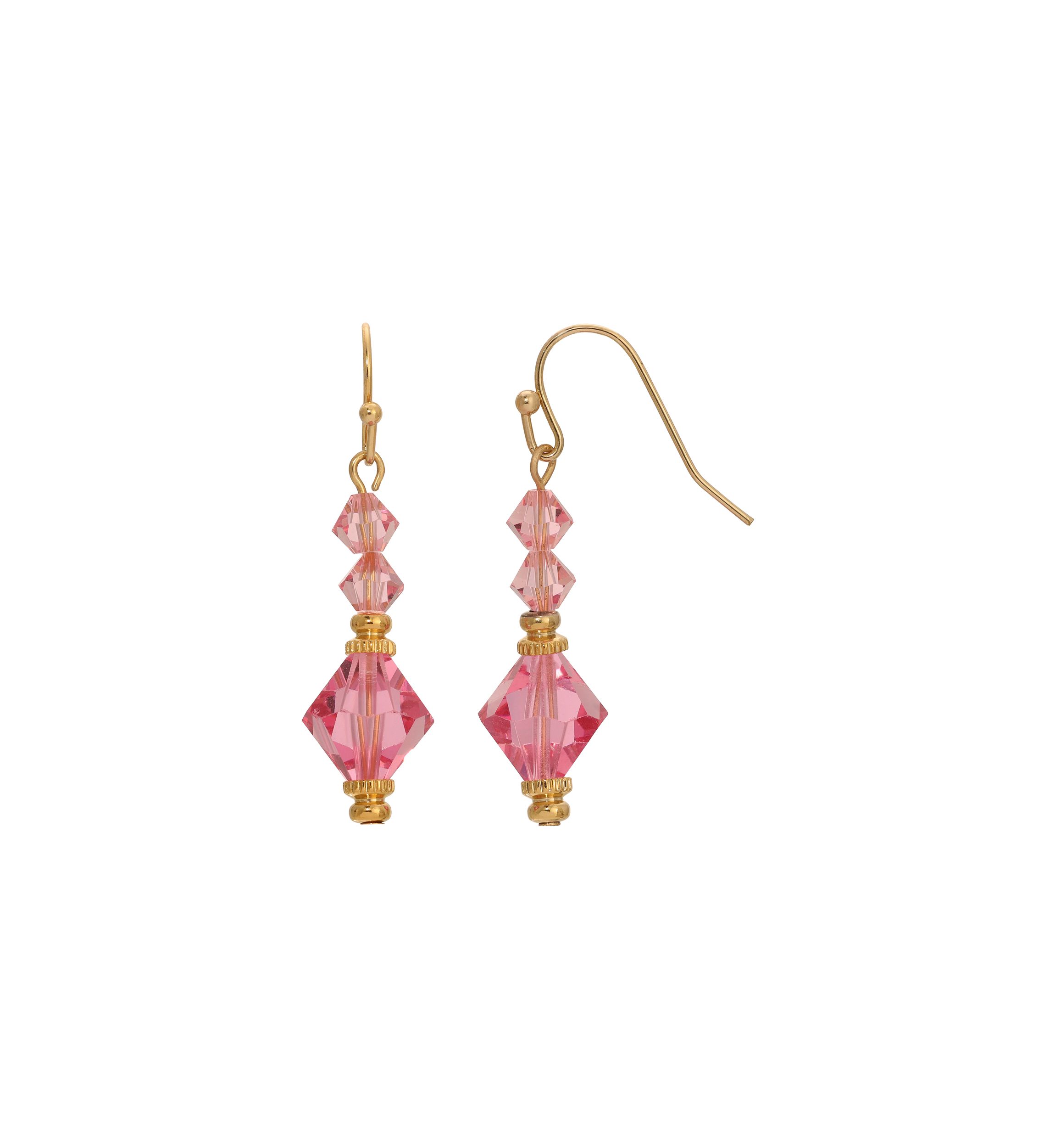 Gold Tone Pink Crystal Drop Earring