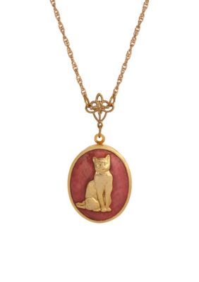 1928 Jewelry 14K Gold Dipped Pink Enamel Oval Cat Locket Necklace