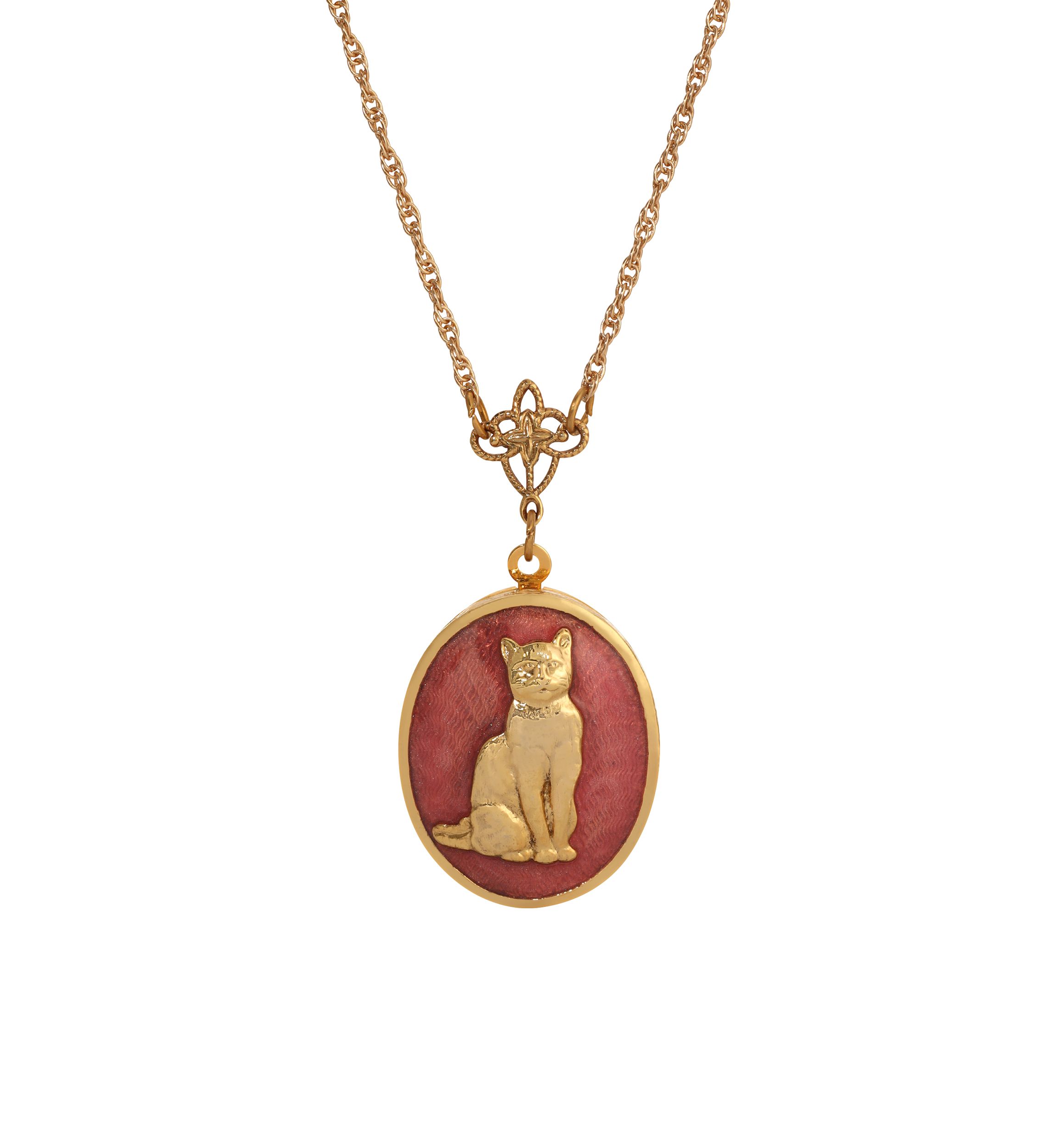 14K Gold Dipped Pink Enamel Oval Cat Locket Necklace