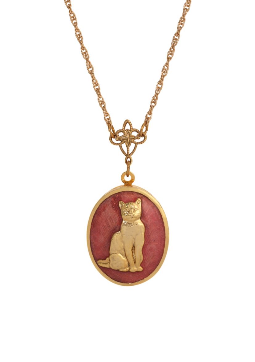 14K Gold Dipped Pink Enamel Oval Cat Locket Necklace