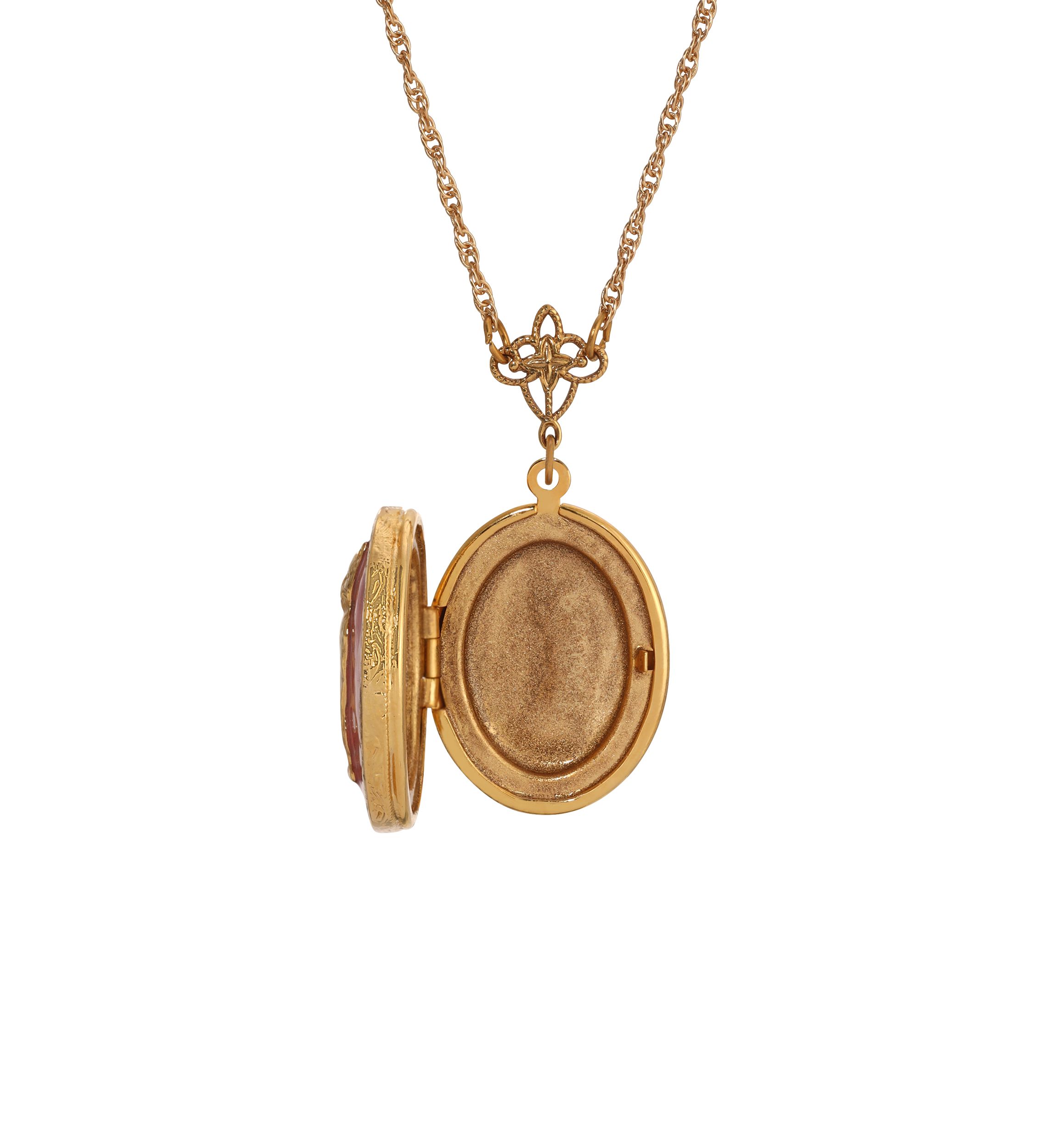 14K Gold Dipped Pink Enamel Oval Cat Locket Necklace