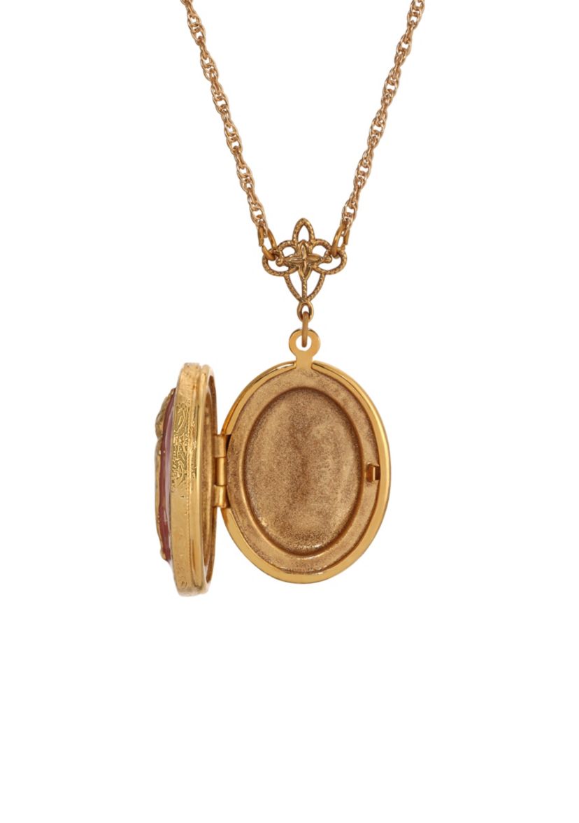 14K Gold Dipped Pink Enamel Oval Cat Locket Necklace
