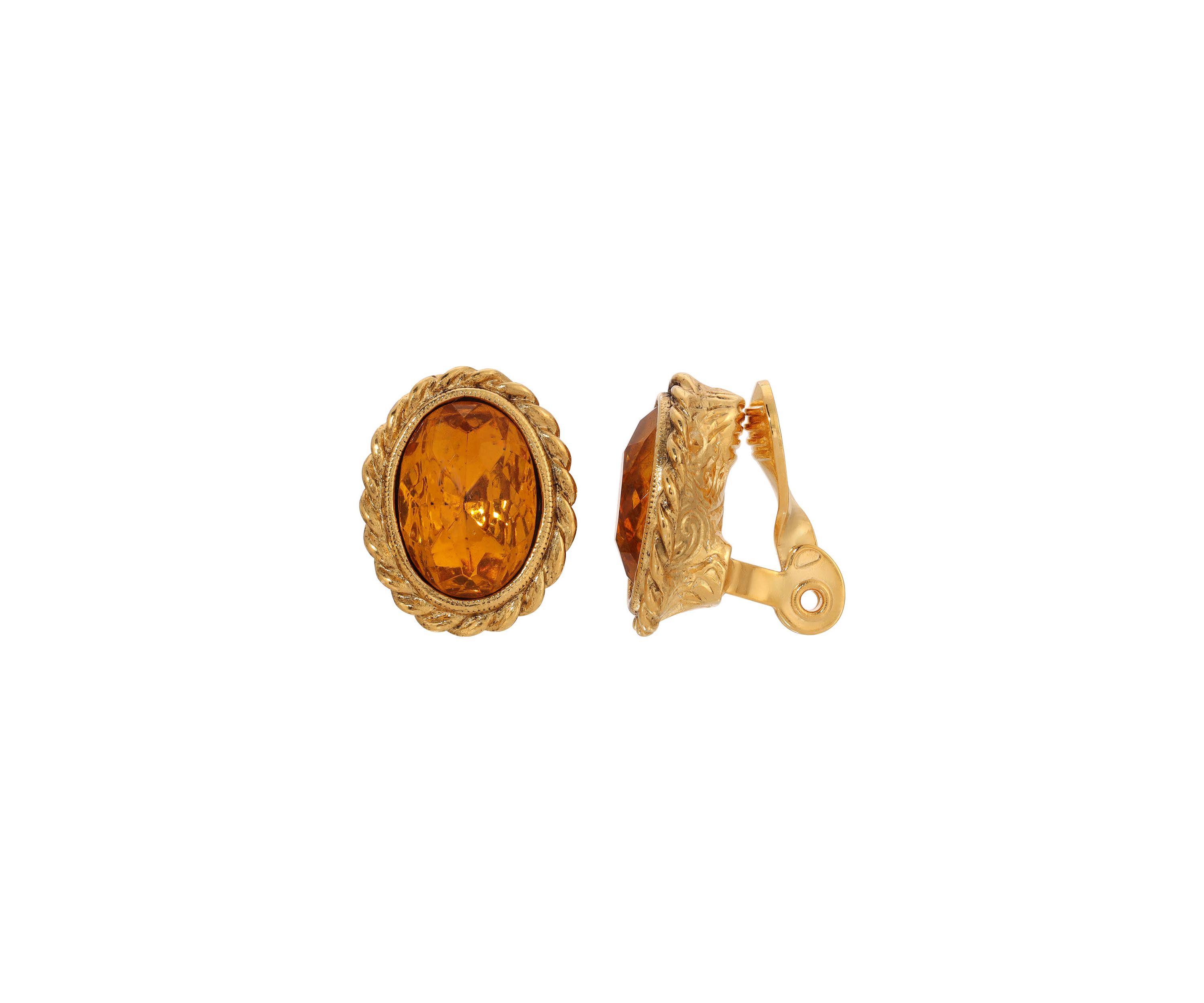 Glass Stone Oval Clip Earrings