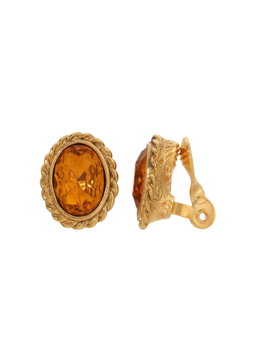 Glass Stone Oval Clip Earrings